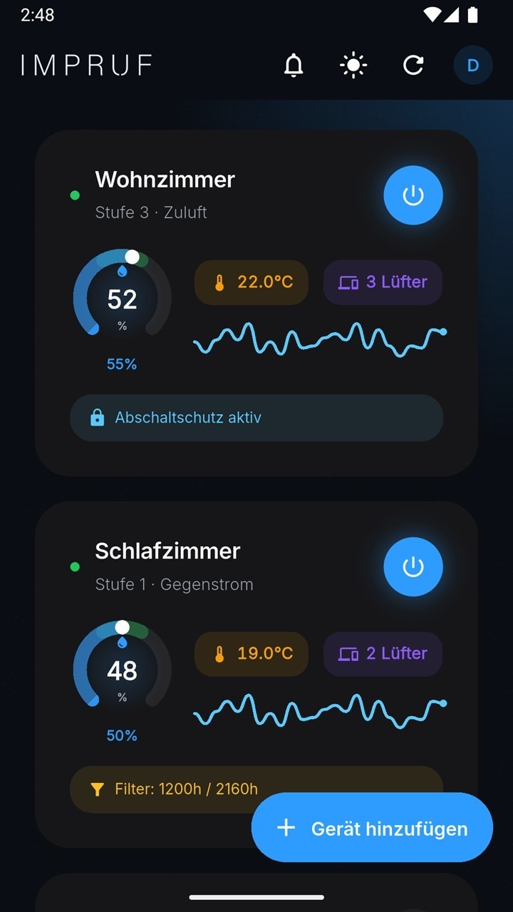 Novarius App, Geräteübersicht: Wohnzimmer und Schlafzimmer als Karten mit Luftfeuchte in Prozent, Temperatur, Lüfterzahl und Ein-Aus-Schalter.