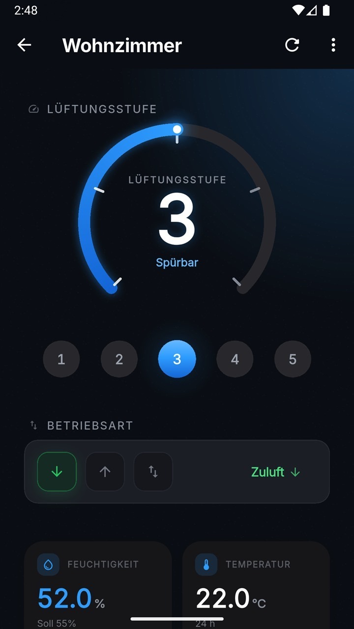 Novarius App, Betriebsart wählen: Zuluft, Abluft oder Gegenstrom mit Wärmerückgewinnung, darüber der Regler für die Lüftungsstufe.