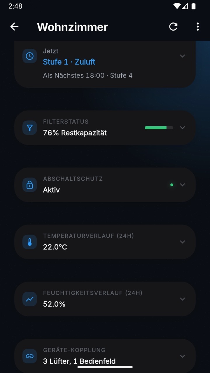 Novarius App, Schutz und Details: Filterstatus 76 Prozent Restkapazität, Abschaltschutz aktiv, Temperatur- und Feuchteverlauf, Geräte-Kopplung.