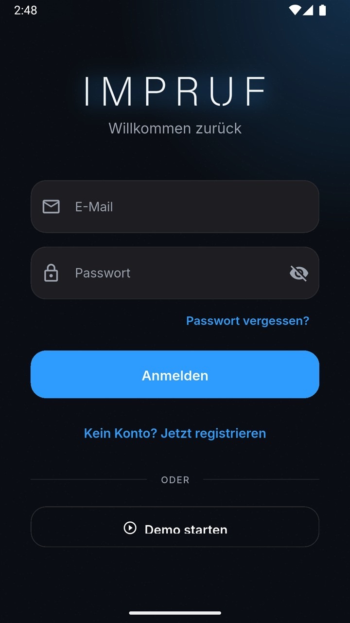 Novarius App, Anmeldung: Wortmarke impruf, Anmeldeformular und Schaltfläche Demo starten zum Testen ohne Konto.